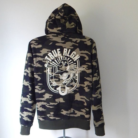 NWT MEN TRUE RELIGION Premium Arch Buddha Full Zip Fleece Hoodie Jacket CAMO - Picture 1 of 8